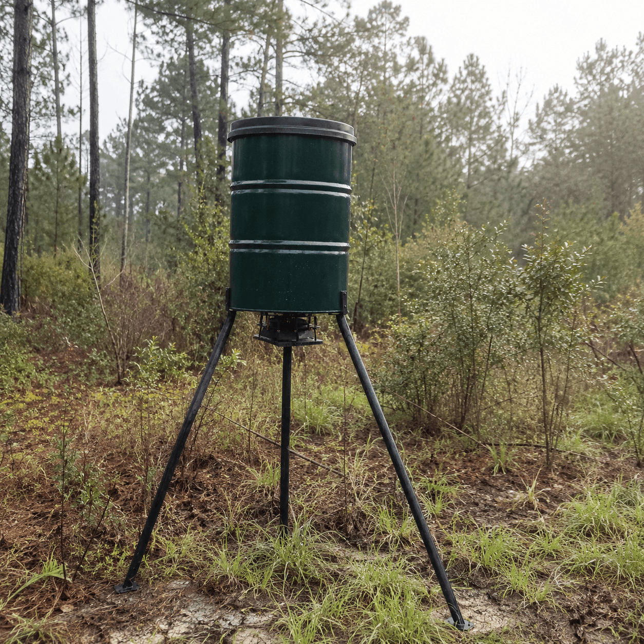 Custom barrel deer feeder in a Texas hunting property